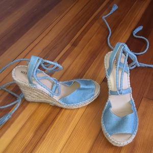 Merona denim and tan Wedges